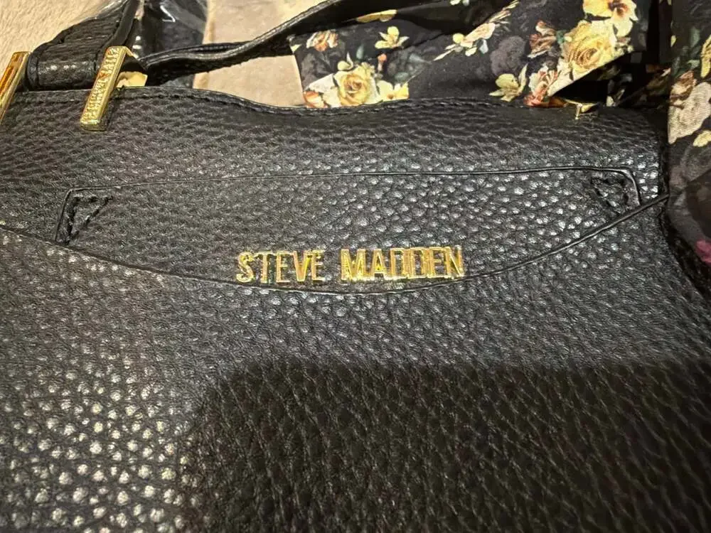 Steve Madden BPARKER Black Vegan Leather Satchel Crossbody Bag with Floral Scarf